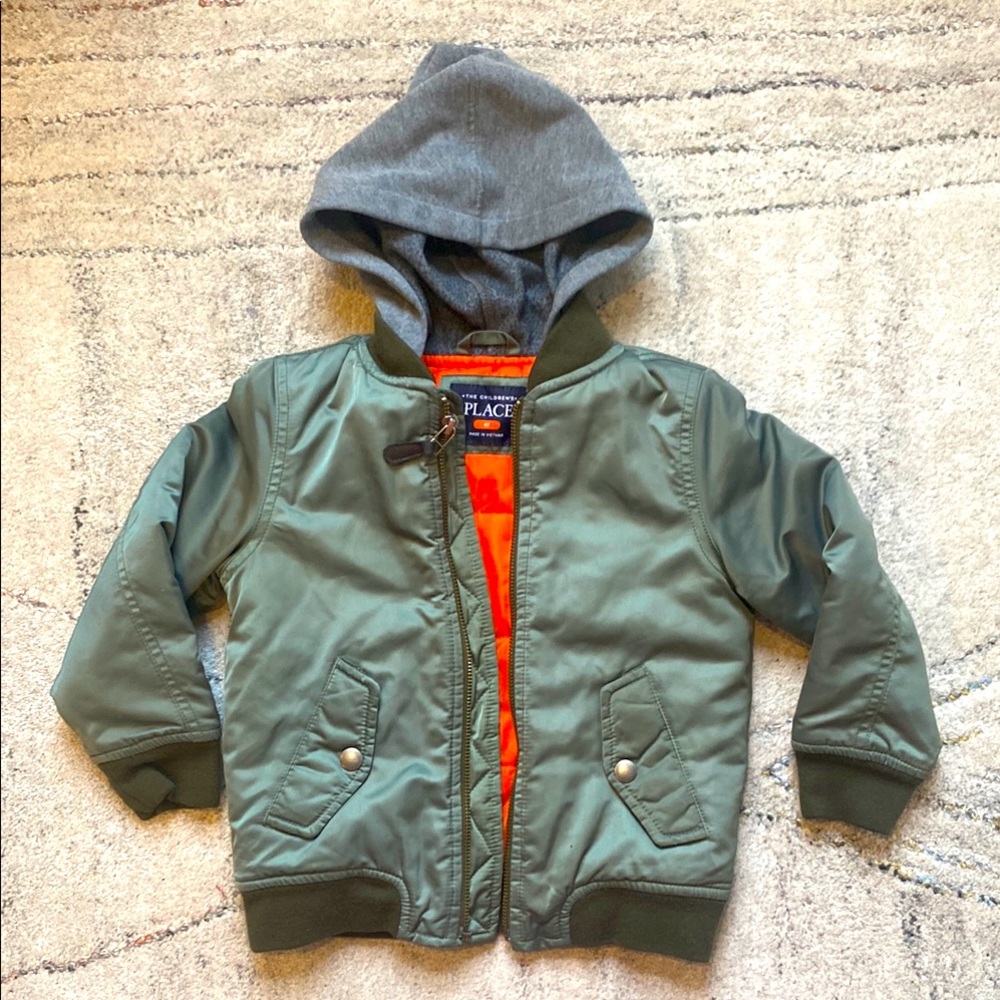 The Children's Place Olive Green Puffer Jacket with Gray Hood and Orange Lining
